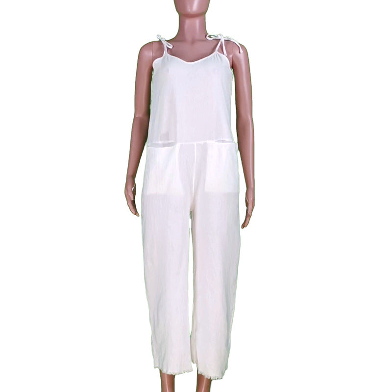 Damen Leinen-Jumpsuit mit stylischem V-Ausschnitt und praktischen Taschen Drune