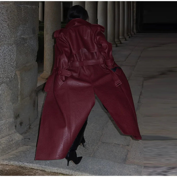 Damen Oversized Kunstleder-Trenchcoat mit hohem Kragen und abnehmbaren Gürtel Drune