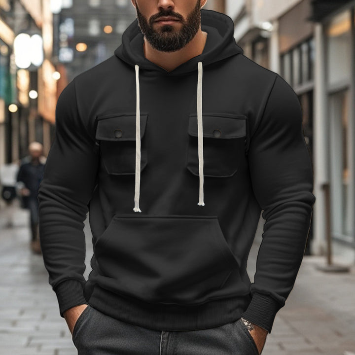 Herren nan sportiver Kapuzenpullover mit aufgesetzten Klappentaschen, Kängurutasche und schmalem Saum Drune