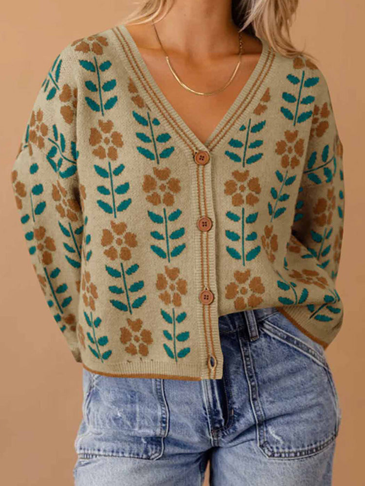 Damen Strickjacke mit floralem Design und Knopfdetails Drune