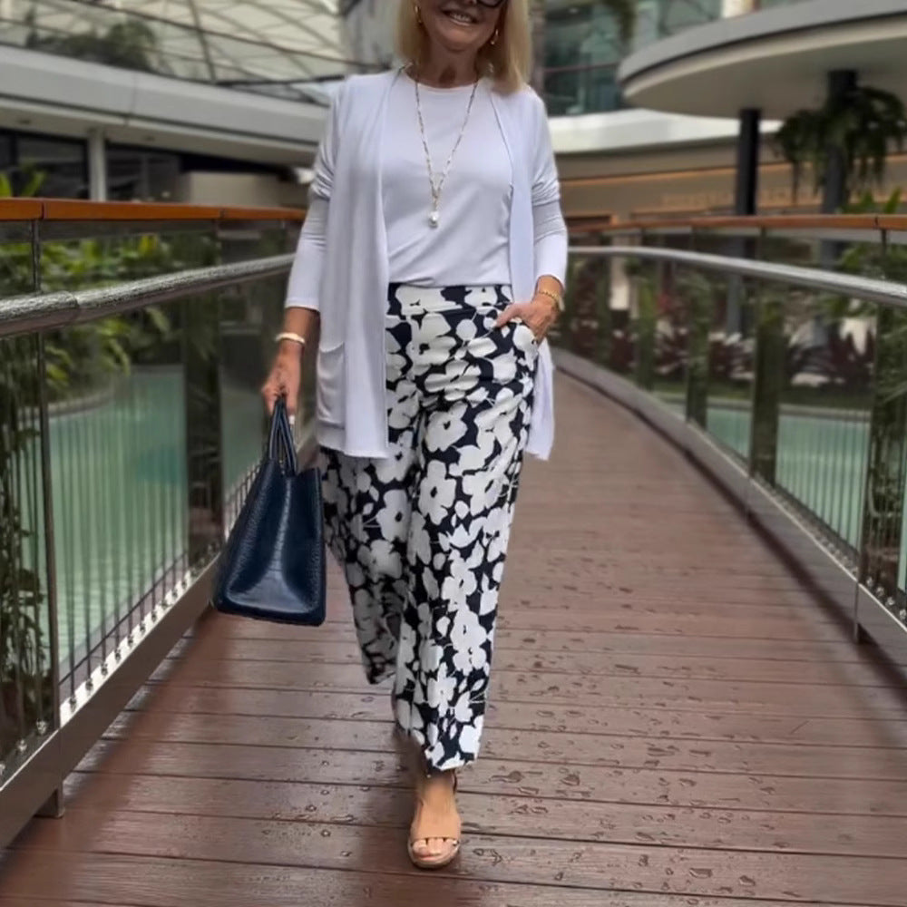 Damen nan weite Palazzohose mit großblumigem Print, hohem Bund und Eingrifftaschen Drune