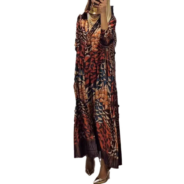 Damen nan fließendes Satin-Hemdkleid mit Hemdkragen, geometrischem Mosaikprint und legerer Maxilänge Drune
