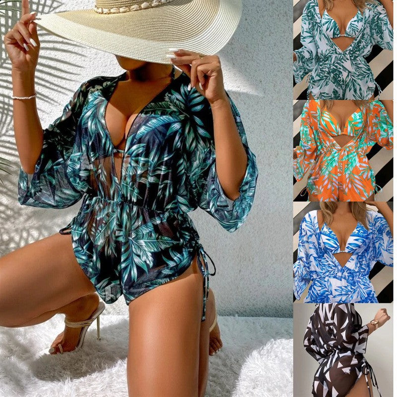 Damen Badeset mit floralem Wickeloberteil und Triangel-Bikini Drune