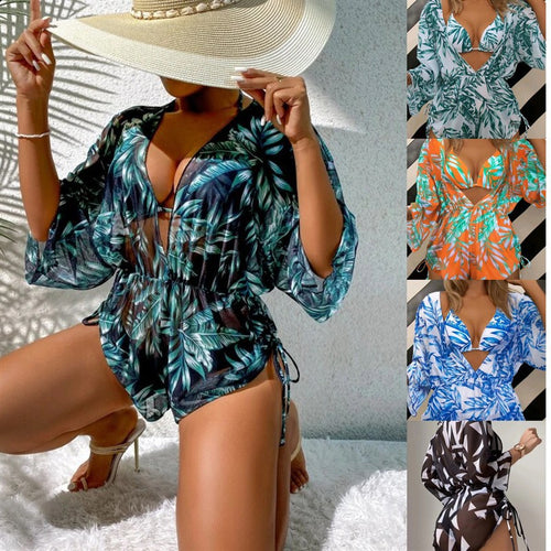Damen Badeset mit floralem Wickeloberteil und Triangel-Bikini Drune