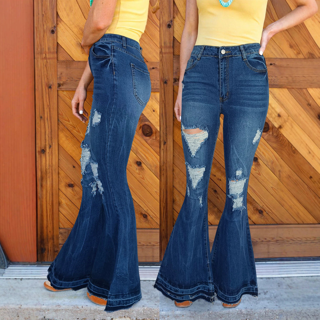 Damen hochtaillierte Destroyed-Flared-Jeans mit sculptendem Komfortbund Drune