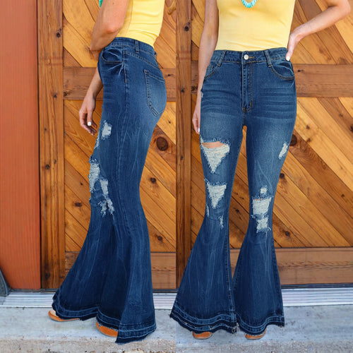 Damen hochtaillierte Destroyed-Flared-Jeans mit sculptendem Komfortbund Drune