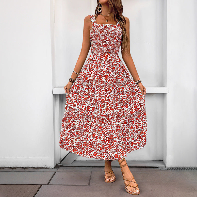 Damen Maxikleid mit floralem Muster und elastischem Taillengürtel Drune
