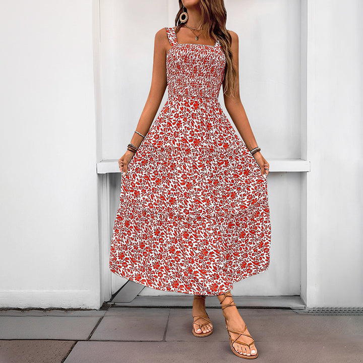 Damen Maxikleid mit floralem Muster und elastischem Taillengürtel Drune