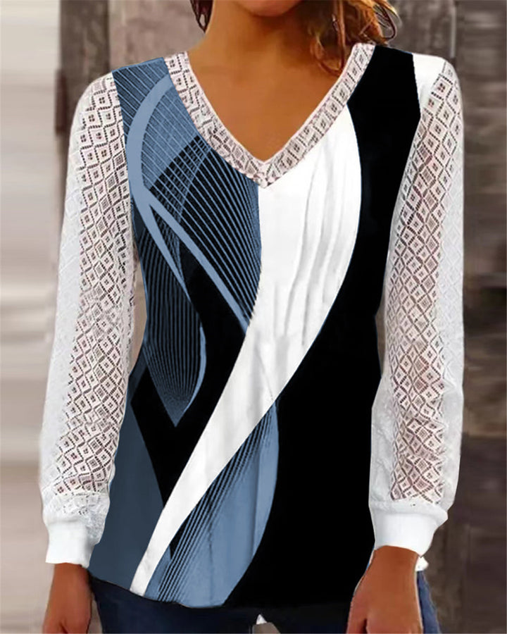 Damen V-Ausschnitt Bluse mit abstraktem Grafikprint und Spitzenärmeln Drune