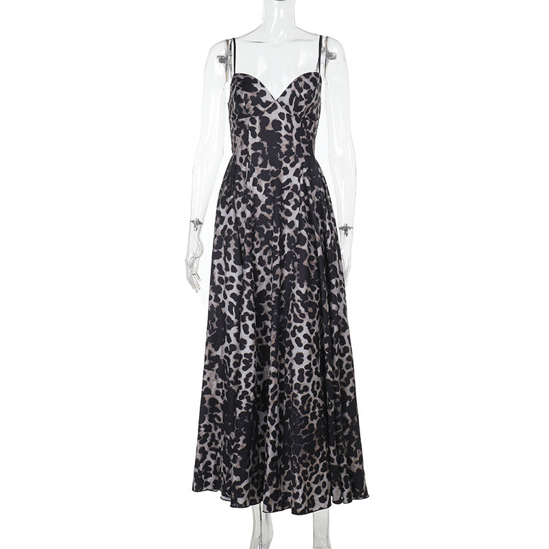 Damen Maxikleid mit tiefem V-Ausschnitt und elegantem Leopardenmuster Drune
