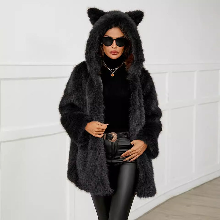 Damen Kuschelige Kunstpelzjacke mit Kapuze und Ohren Drune