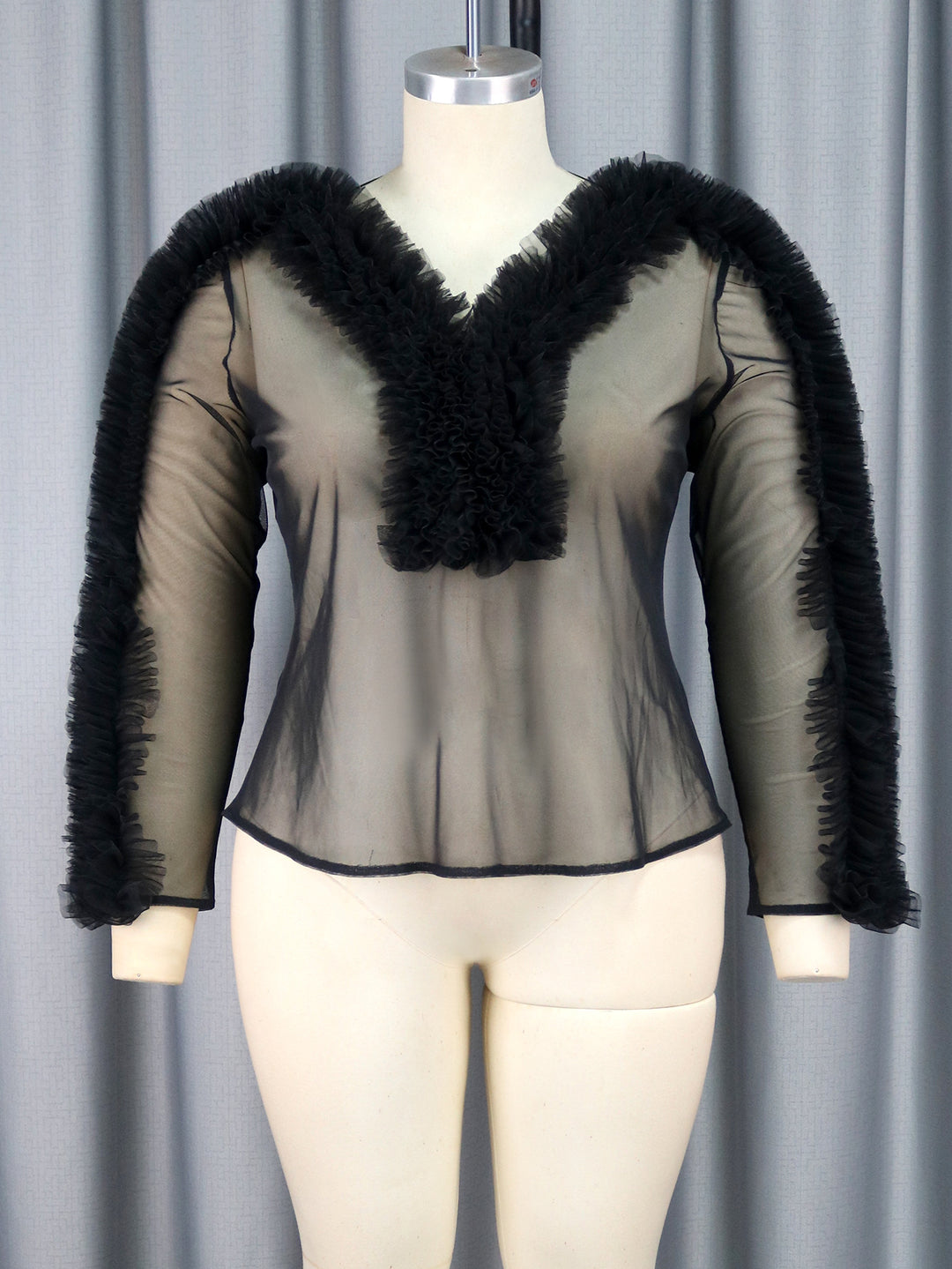 Damen transparente Bluse mit voluminösen Rüschen Drune