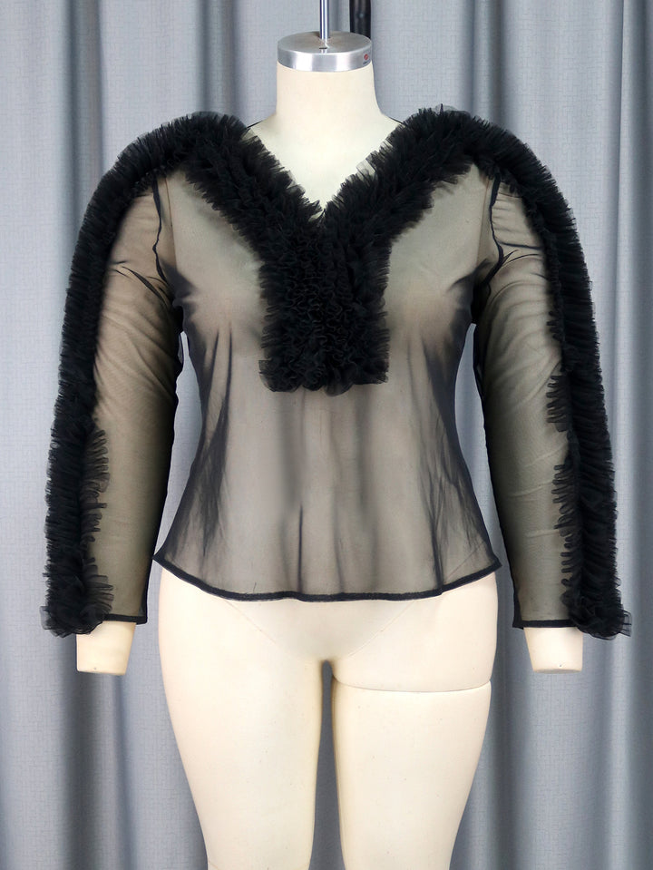 Damen transparente Bluse mit voluminösen Rüschen Drune