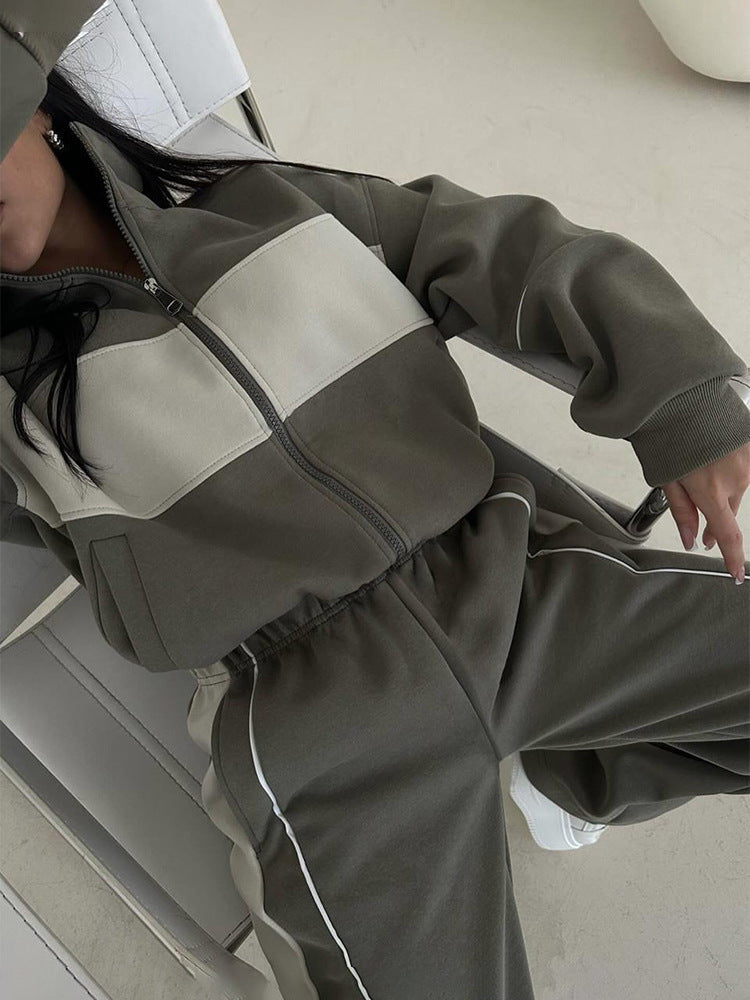 Damen luxuriöser Freizeit-Jogginganzug mit Reißverschluss und Kontrastpaneelen Drune