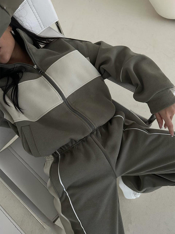 Damen luxuriöser Freizeit-Jogginganzug mit Reißverschluss und Kontrastpaneelen Drune