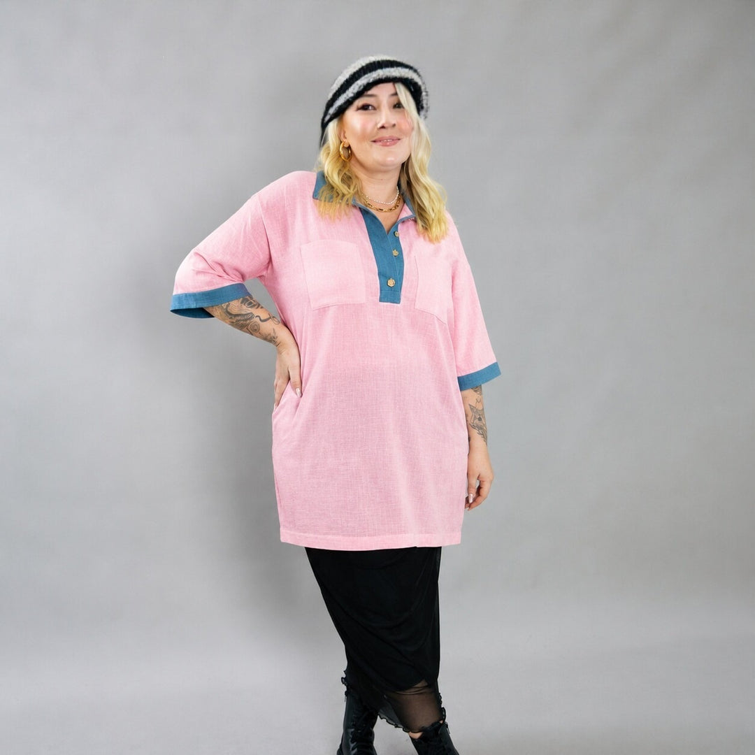 Damen oversized Polo-Tunika mit Kontrastkragen und aufgesetzten Brusttaschen Drune