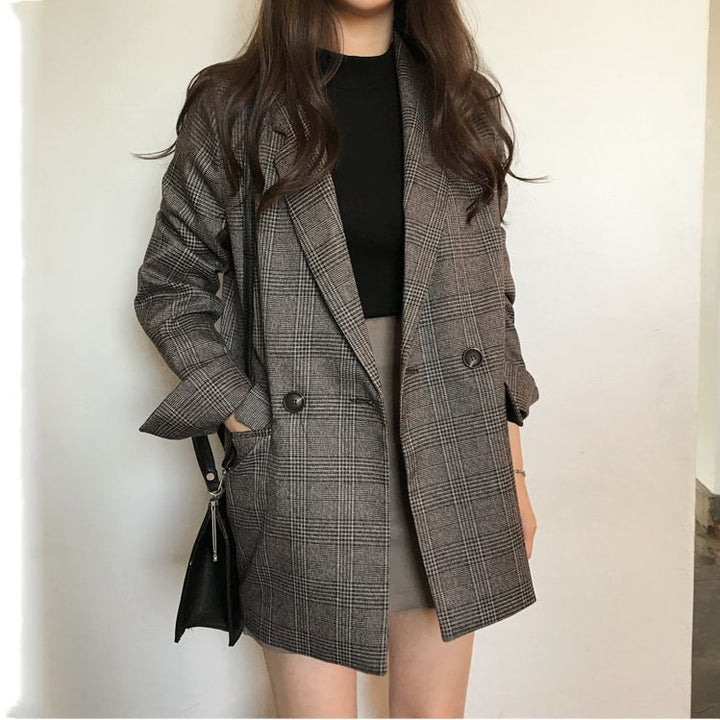 Damen Eleganter karierter Blazer mit doppelter Knopfleiste Drune