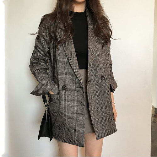 Damen Eleganter karierter Blazer mit doppelter Knopfleiste Drune