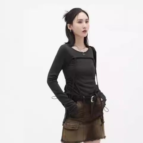 Damen Langarm Crop-Top mit verstellbarem Kordelzug Drune