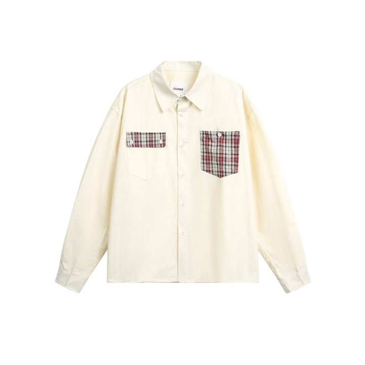 Unisex Locker geschnittene Baumwoll-Hemdjacke mit asymmetrischen Karo-Brustpattentaschen Drune