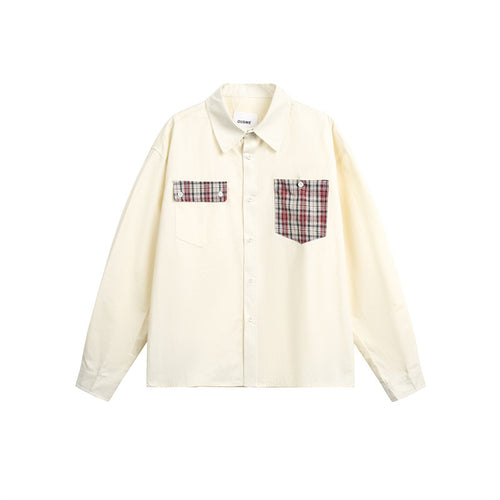 Unisex Locker geschnittene Baumwoll-Hemdjacke mit asymmetrischen Karo-Brustpattentaschen Drune