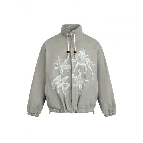 Damen Leichte Bomberjacke aus Baumwollmix mit Stehkragen, Perlenkordel und mystischem Print Drune