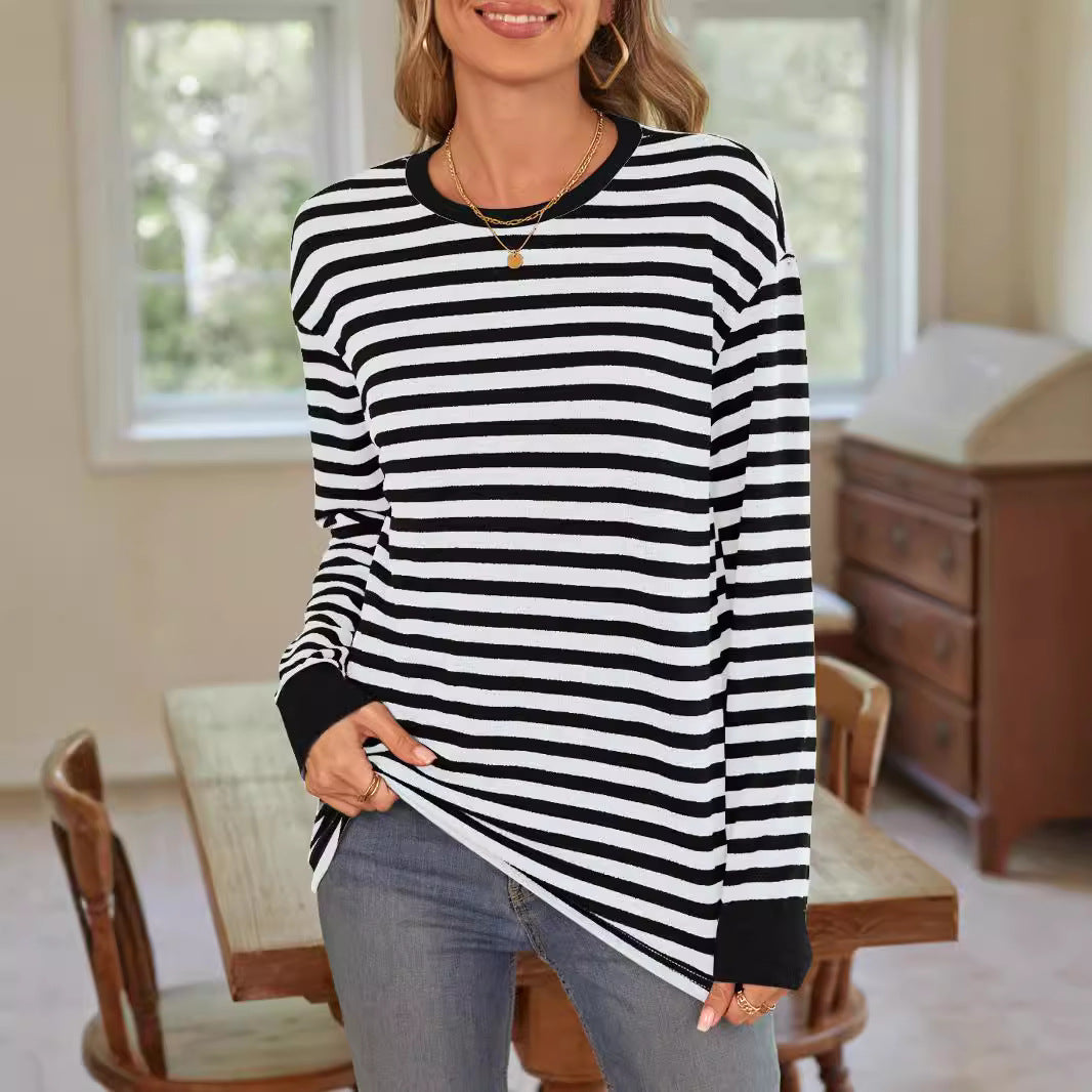 Damen bequemes Langarmshirt mit gestreiftem Design und Rundhalsausschnitt Drune