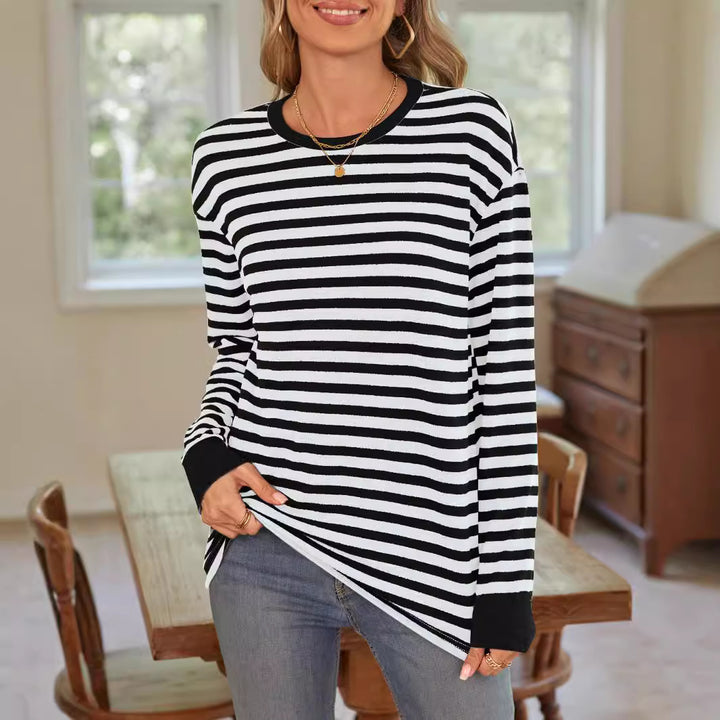 Damen bequemes Langarmshirt mit gestreiftem Design und Rundhalsausschnitt Drune