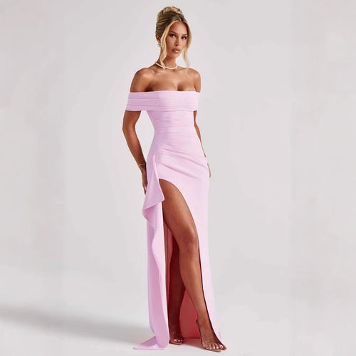Damen Elegantes Off-Shoulder-Maxi-Kleid mit Hohem Schlitz Drune