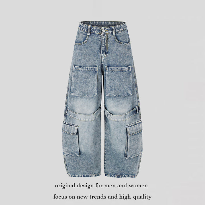 Damen Hochgeschnittene weite Cargo-Palazzo-Jeans mit großen aufgesetzten Taschen und Vintage-Waschung Drune