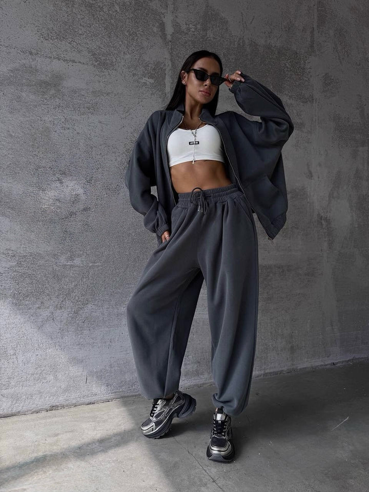 Damen lässiger Freizeitanzug mit oversized Jacke und weitem Bund Drune