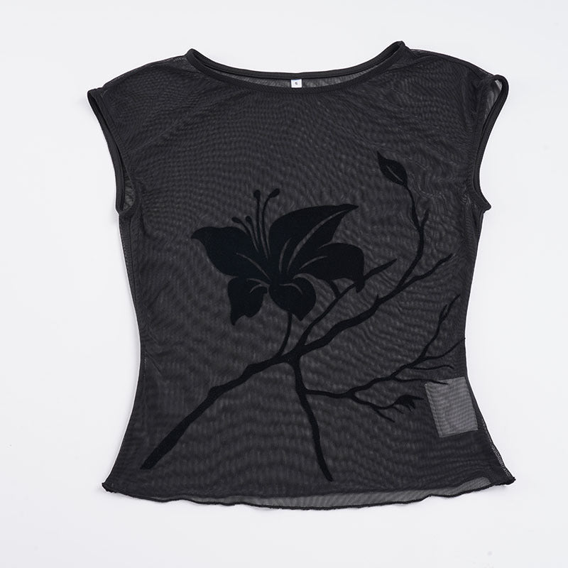 Damen transparente Mesh-Bluse mit floralem Druck Drune