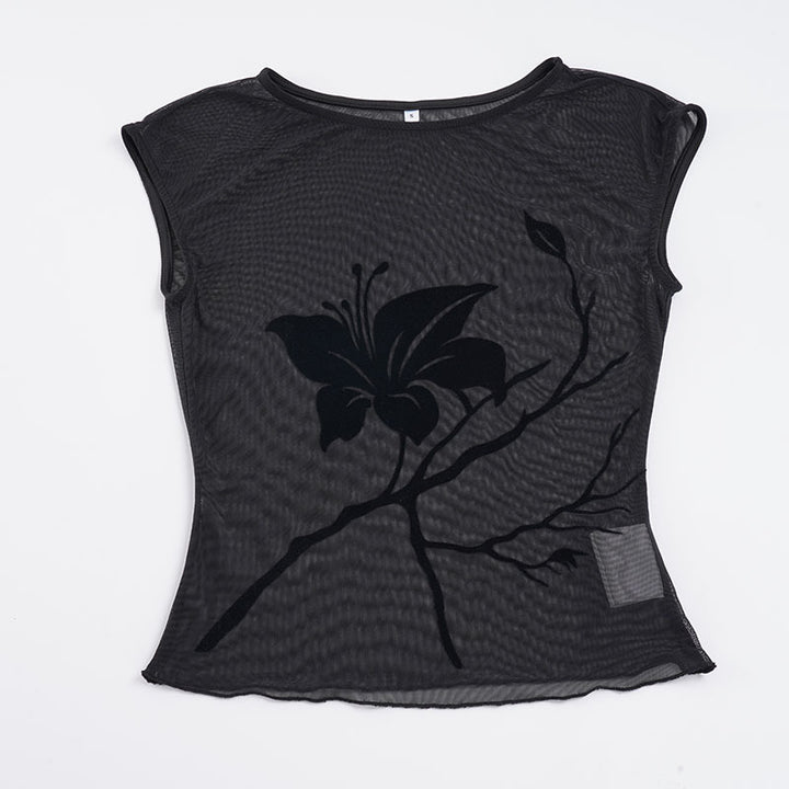 Damen transparente Mesh-Bluse mit floralem Druck Drune