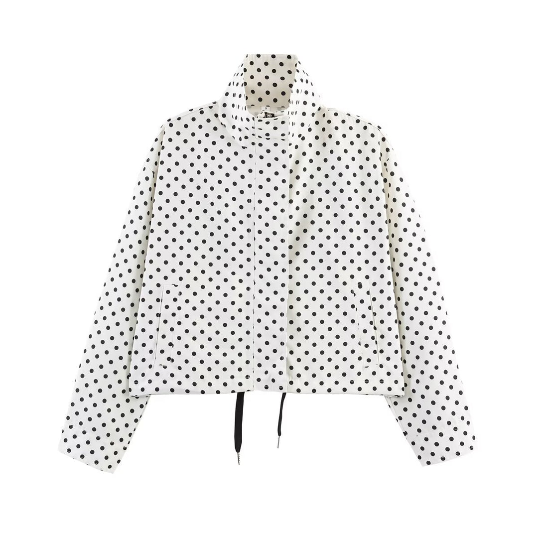 Damen Gepunktete Kurzjacke mit Stehkragen, verdeckter Frontleiste und Kordelzug Drune