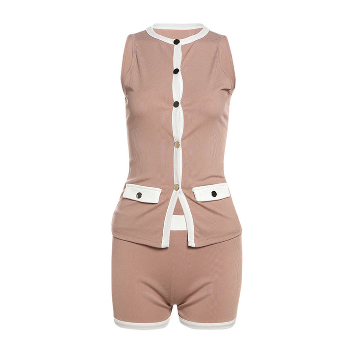 Damen Sportliches Outfit mit Leopardenmuster und Knopfdetaillierung Drune