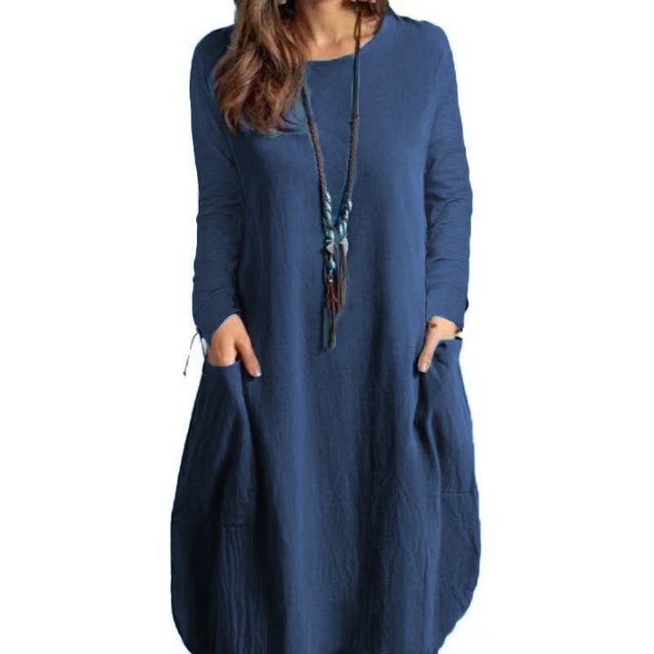 Damen Langes A‑Linien Leinenoptik Kleid mit Eingrifftaschen und Rundhalsausschnitt Drune