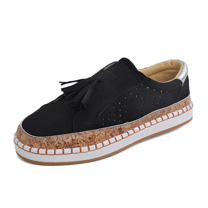 Damen nan perforierter Slip-On Sneaker mit Quasten, Kork-Plateau und dekorativer Handnaht Drune