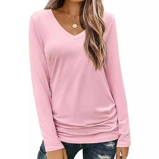 Damen Figurbetontes V‑Ausschnitt Langarmshirt aus Stretch‑Jersey mit leicht gerafftem Saum Drune