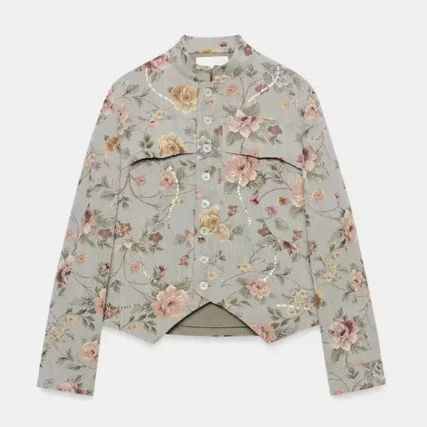 Damen Cropped gesteppte Blousonjacke mit botanischem Blumenprint und Mandarin‑Stehkragen Drune