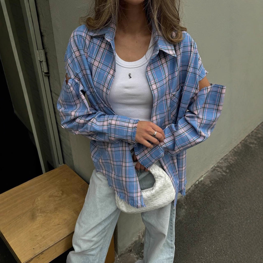 Damen karierte Oversize-Hemdjacke mit Cut-Out-Ärmeln und rohem Saum Drune