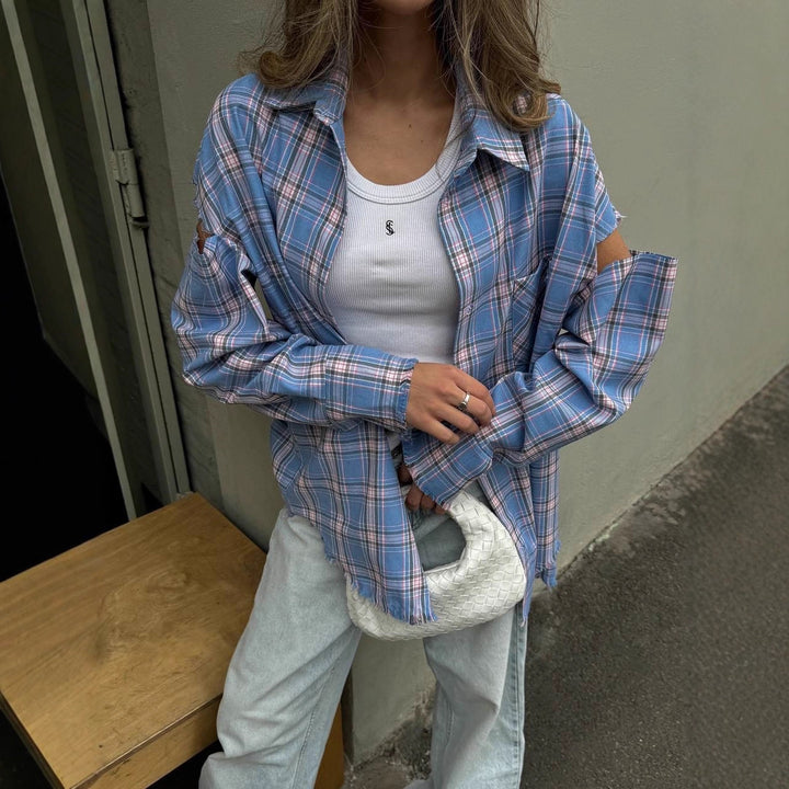 Damen karierte Oversize-Hemdjacke mit Cut-Out-Ärmeln und rohem Saum Drune