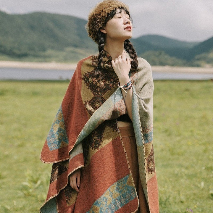 Damen Jacquard-Poncho-Cape mit Ethno-Muster und Wollmix Drune