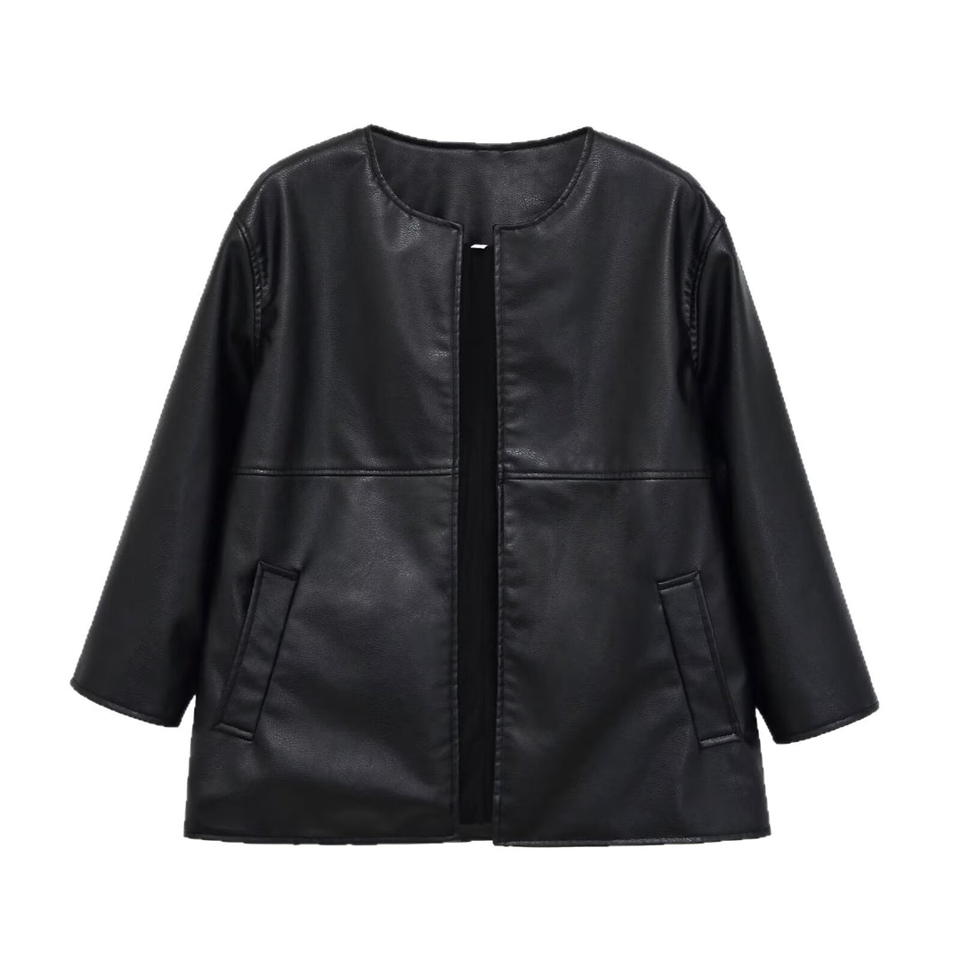 Damen kragenlose Oversize-Kunstlederjacke mit Rundhalsausschnitt Drune