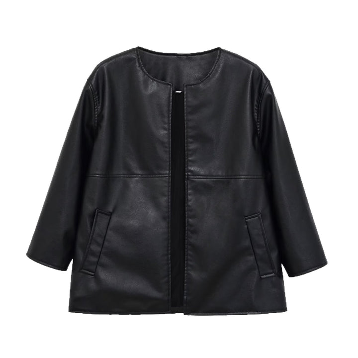 Damen kragenlose Oversize-Kunstlederjacke mit Rundhalsausschnitt Drune