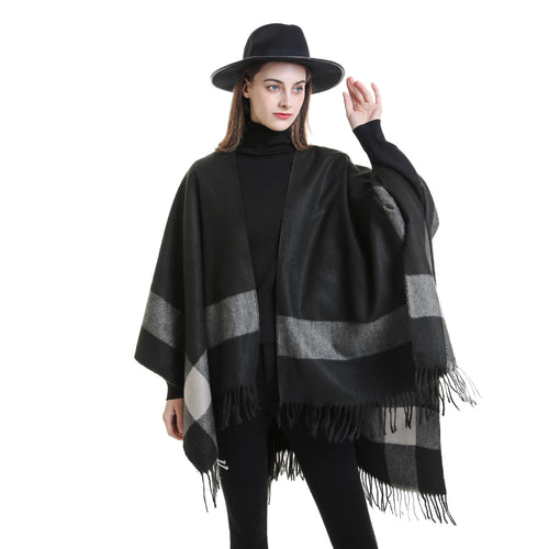 Damen Wollmix-Poncho mit Karomuster und Fransen Drune