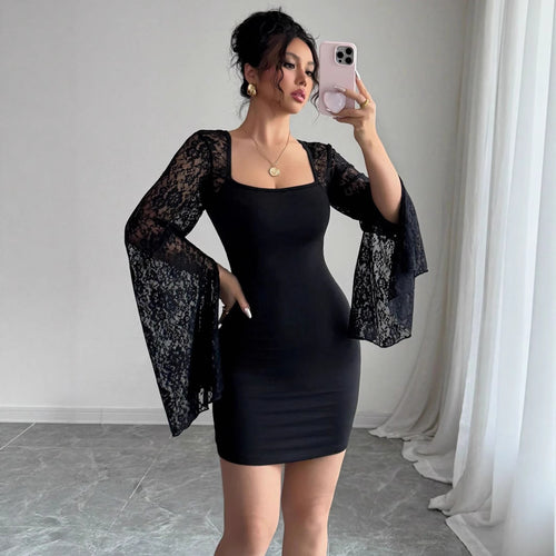 Damen nan figurbetontes Minikleid mit quadratischem Ausschnitt und ausgestellten Spitzenärmeln Drune