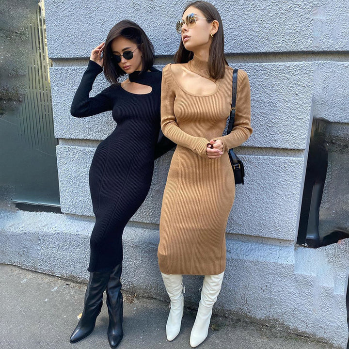 Damen Rippstrick-Midikleid mit Ausschnitt und langem Ärmel Drune