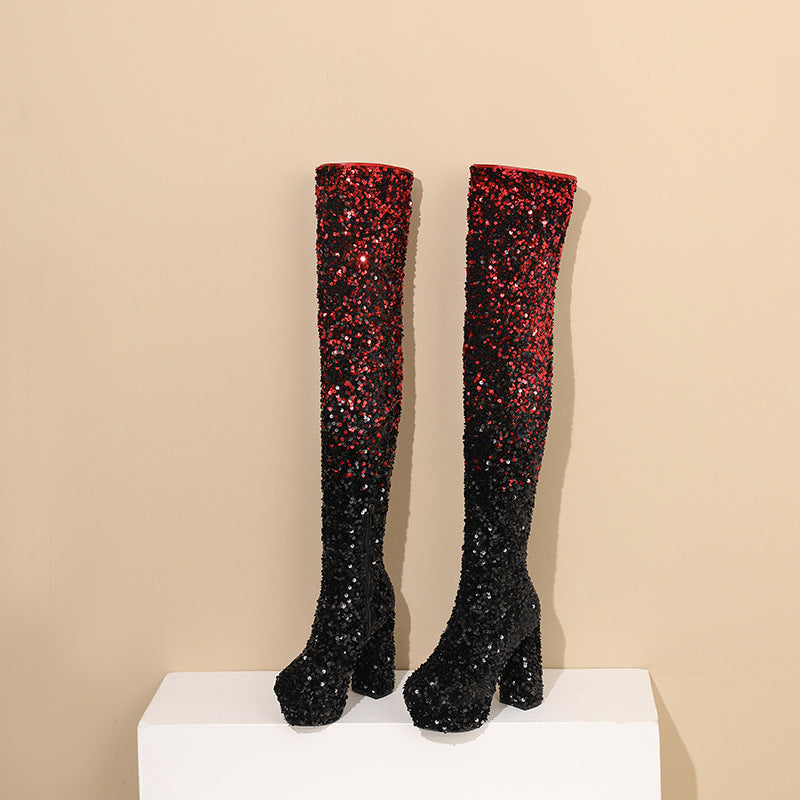 Damen Hochglanz Glitzer Oberschenkelhohe Plateau Stiefel Drune