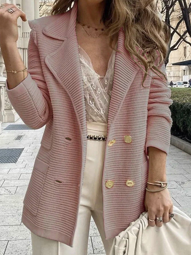 Damen Strukturierter Strick-Blazer mit Reverskragen und Doppelknopfleiste Drune
