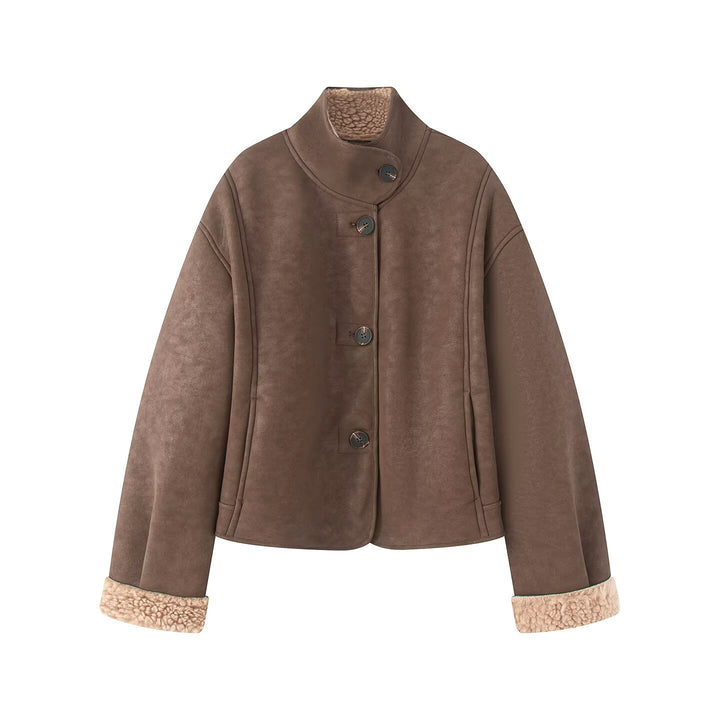 Damen Kurz geschnittene Kunstlammfelljacke mit Stehkragen, Knopfverschluss und umschlagbaren Faux-Fur-Manschetten Drune